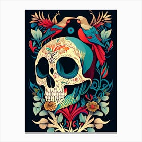 Skull With Bird Motifs Colourful Line Drawing Canvas Print