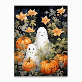 Cute Bedsheet Ghost, Botanical Halloween Watercolour 147 Canvas Print