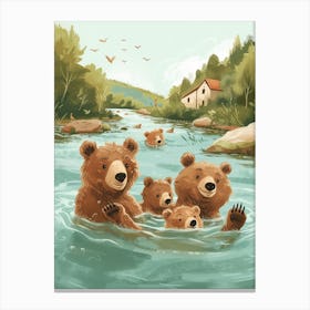 Brown Bear Family Swimming In A River Storybook Illustration 4 Canvas Print