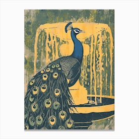 Blue Mustard Peacock In A Fountain Canvas Print