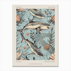 Pastel Blue Squatina Genus Shark Watercolour Seascape Pattern 2 Poster Canvas Print