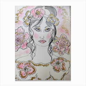 Girl with roses pink and gold Canvas Print