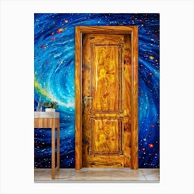 Oil Painting Of A Wooden Door Ajar Revealing A Spiraling Galaxy Contrasted Against A Wall Adorned (1) Canvas Print