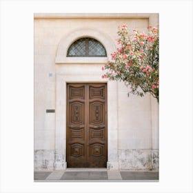 Brown Italian door pink flowers | Summer in Ostuni | Italy Canvas Print