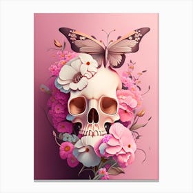 Skull With Butterfly 3 Motifs Pink Vintage Floral Canvas Print