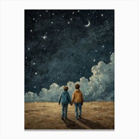 Two Boys Holding Hands Under The Stars Canvas Print