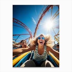 Amusement Park Roller Coaster Ride Captured In The Midst Of A Sunny Day Loose Strands Of Hair Caugh Canvas Print