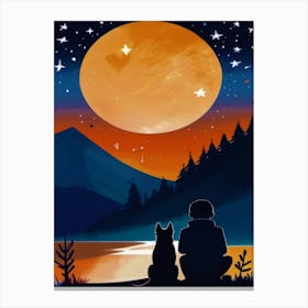 Boy And Dog Under The Moonlight In The Sky,  Minimilist,  Contrast  Canvas Print