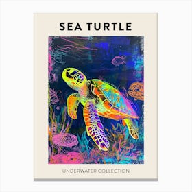 Neon Underwater Sea Turtle Poster 4 Canvas Print