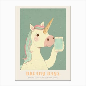 Pastel Storybook Unicorn With A Mobile Phone Poster Canvas Print