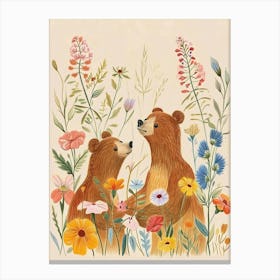 Folksy Floral Animal Drawing Brown Bear 3 Canvas Print