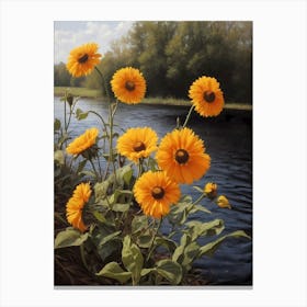 Sunflowers By The River 1 Canvas Print