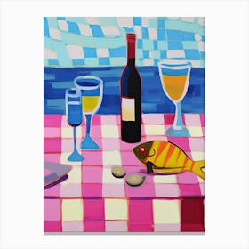 Painting Of A Table With Food And Wine, French Riviera View, Checkered Cloth, Matisse Style 3 Canvas Print