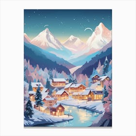 Winter Travel Night Illustration Chamonix France 2 Canvas Print