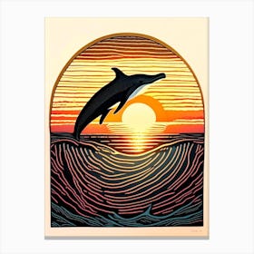 Dolphin And Sunset Linocut Canvas Print