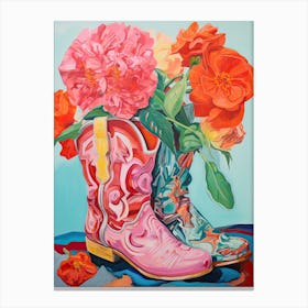 Oil Painting Of Pink And Red Flowers And Cowboy Boots, Oil Style 10 Canvas Print