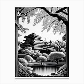 Osaka Castle Park, Japan Linocut Black And White Vintage Canvas Print