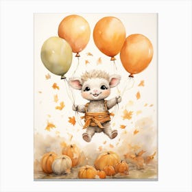 Sheep Flying With Autumn Fall Pumpkins And Balloons Watercolour Nursery 3 Canvas Print
