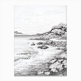 San In Coast In Tottori,, Ukiyo E Black And White Line Art Drawing 2 Canvas Print