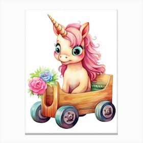 Baby Unicorn On A Toy Car, Watercolour Nursery 2 Canvas Print