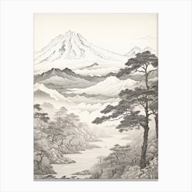 Chugoku Mountains In Multiple Prefectures, Ukiyo E Black And White Line Art Drawing 4 Canvas Print