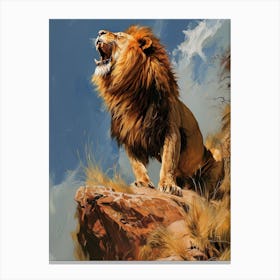 Barbary Lion Roaring On A Cliff Acrylic Painting 2 Canvas Print