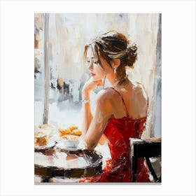 A Girl In A Red Dress Is Sitting In A Cafe Canvas Print