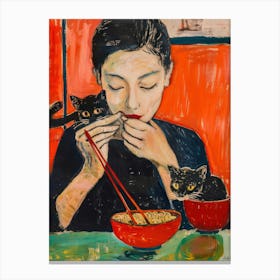 Portrait Of A Girl With Cats Eating Ramen 4 Canvas Print