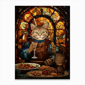 Mosaic Of A Royal Cat Eating A Feast Canvas Print