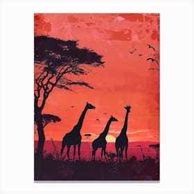 Giraffe Red Sunset Silhouette 4 Canvas Print