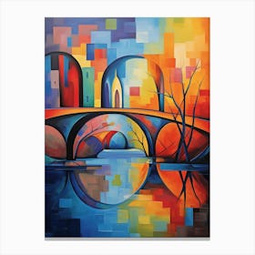 New Day Bridge in Sunset, Vibrant Colorful Painting in Picasso Cubism Style Canvas Print