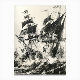 Hand Pen Drawing Depicting An Epic Sea Battle Between Pirate Ships Lienzo