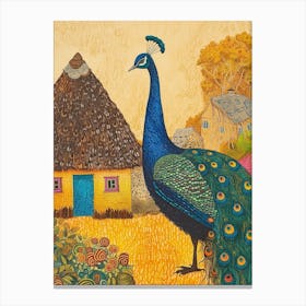Peacock Outside A Thatched Cottage Illustration 2 Canvas Print