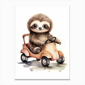 Baby Sloth On A Toy Car, Watercolour Nursery 1 Canvas Print
