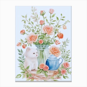 Watercolor Roses With Cat Canvas Print