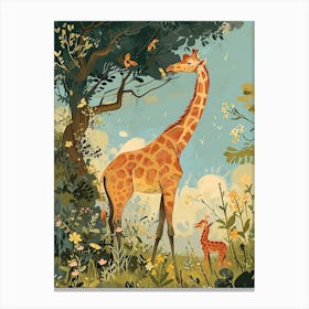 Storybook Style Illustration Of Giraffe & Calf Canvas Print