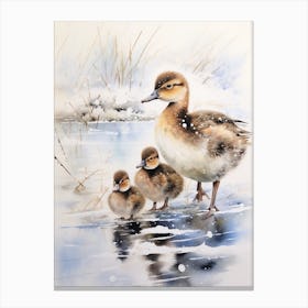 Ducklings & Mother In The Snow Watercolour  1 Canvas Print