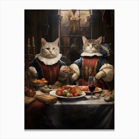 Two Medieval Cats Banqueting Portrait Canvas Print