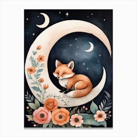 Floral Cute Fox Watercolor Moon Paining (7) Canvas Print
