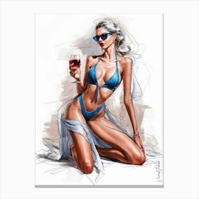 A Sketch Of A Woman In Blue Bikini With A Glass Of Wine 2 Canvas Print