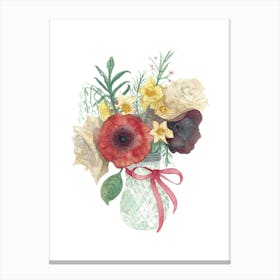 Bouquet Of Roses And Poppies In A Vintage Vase With A Pink Ribbon Canvas Print