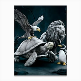 Lion Tortoise Penguin Art Canvas Print