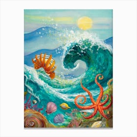 Surreal Composition Of Sea Creatures And Ocean Waves Canvas Print