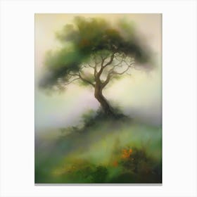 Oak tree, fine work of art, misty atmosphere, green meadow..9 Canvas Print