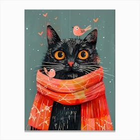 Black Cat With Birds Canvas Print