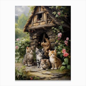 Cute Cats In Front Of A Medieval Cottage 2 Canvas Print