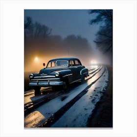 Old Car On The Road At Night Canvas Print