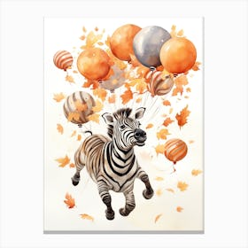 Zebra Flying With Autumn Fall Pumpkins And Balloons Watercolour Nursery 2 Canvas Print