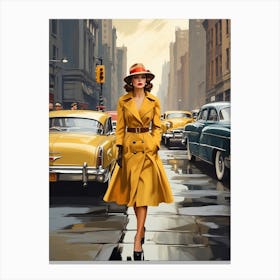 New York Middle 20th Century Walking Girl Retro Cars Canvas Print