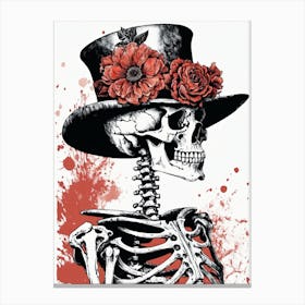 Floral Skeleton With Hat Ink Painting (73) Canvas Print